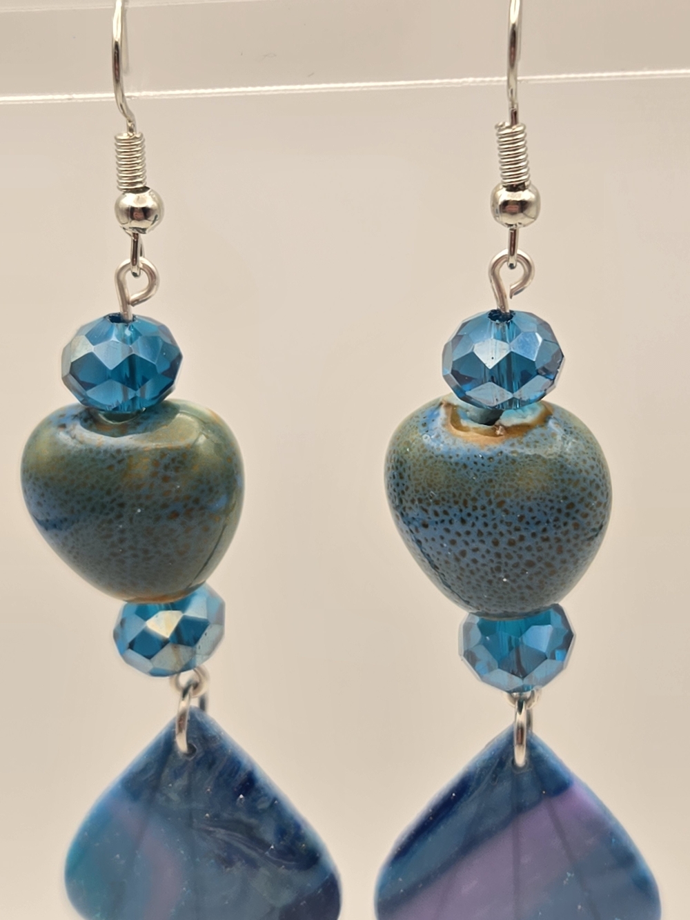 #B457- Blue Heart & Petal Drop Earrings - Artisan Glass Beads - Picture 3 of 4